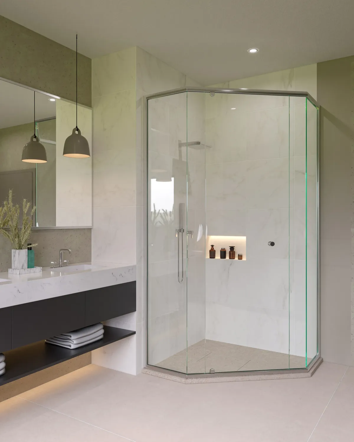 west end bathroom with custom semi frameless glass shower screen, double vanity, pendant lights, and marble-look tiles.
