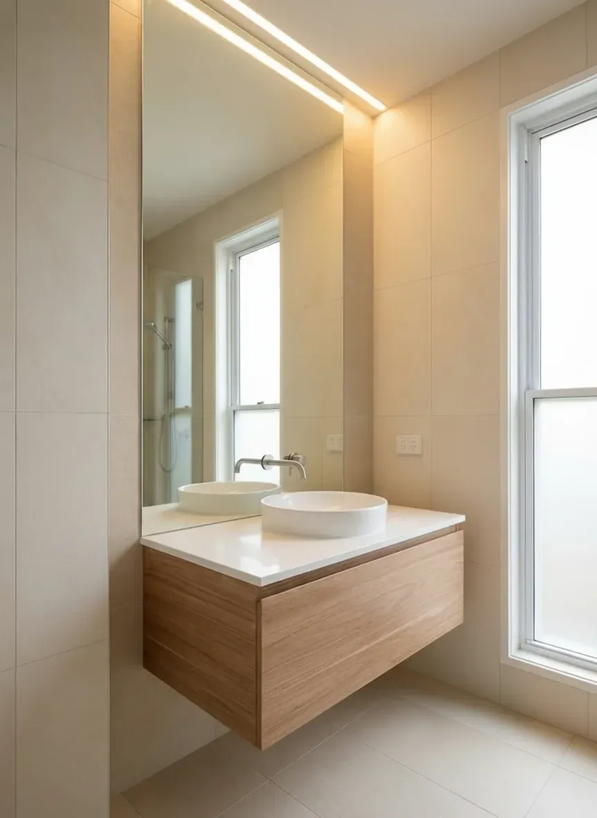 small west end bathroom with large frameless vanity mirror