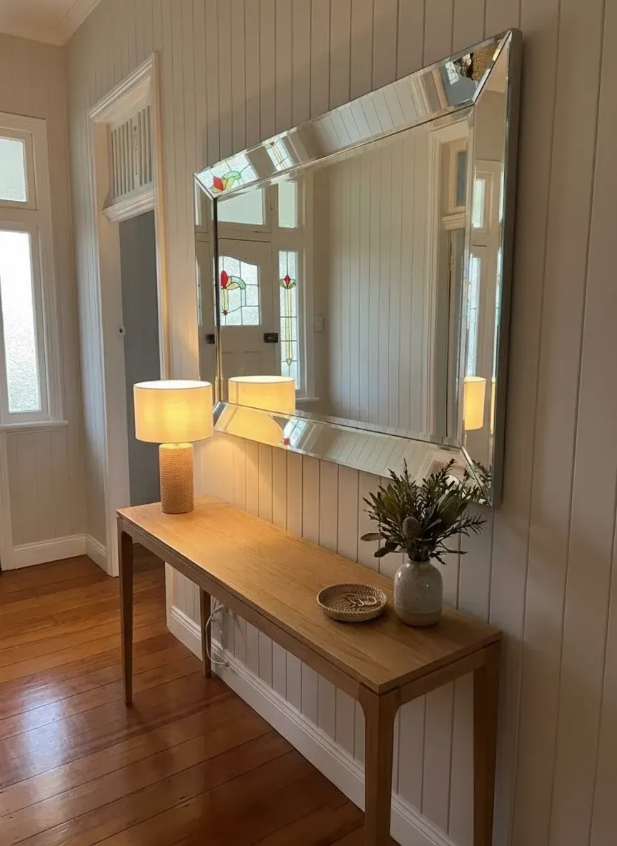 decorative bevelled edge wall mirror above console in west end home