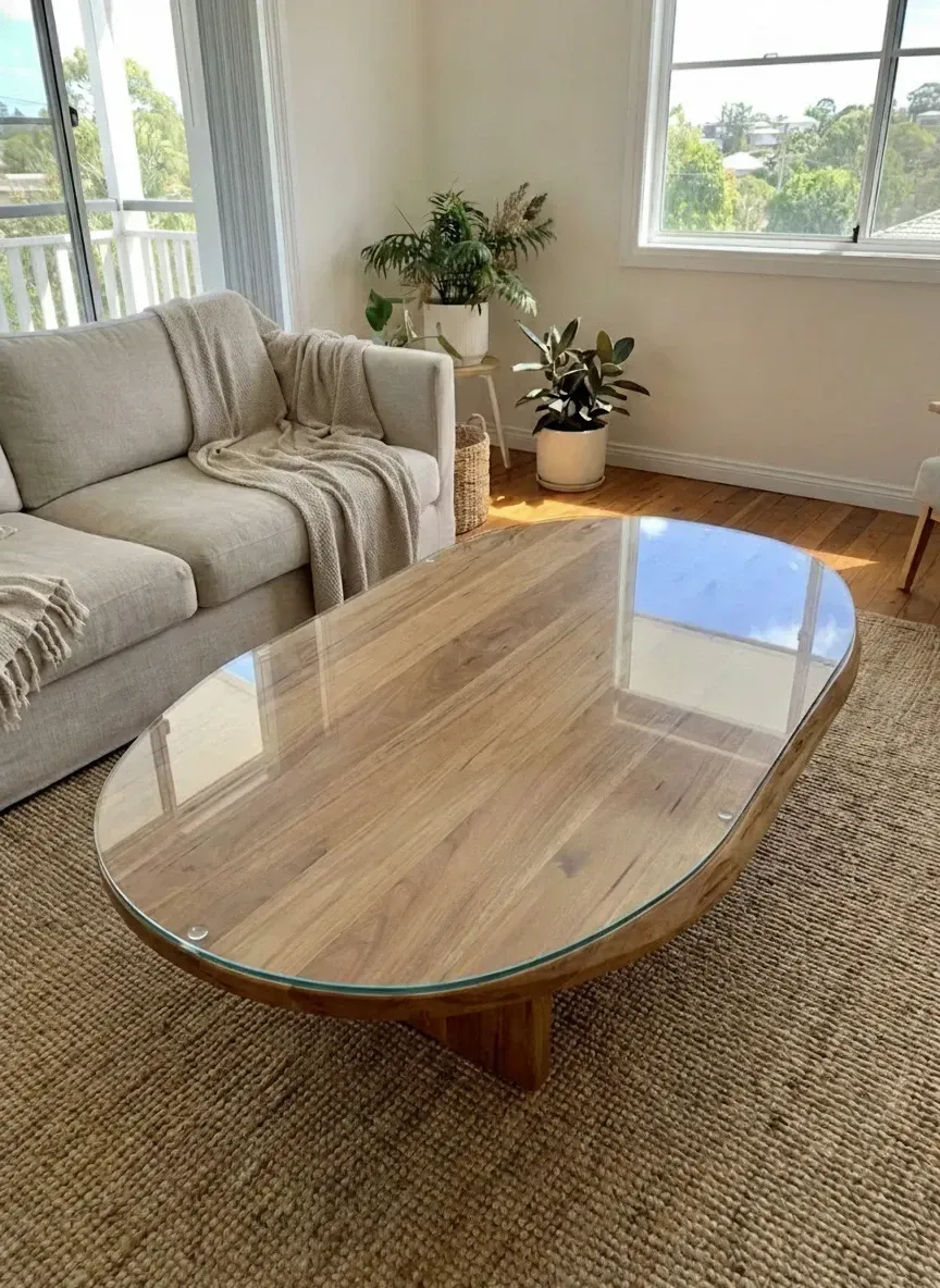 round coffee table with custom cut glass top in west end living room