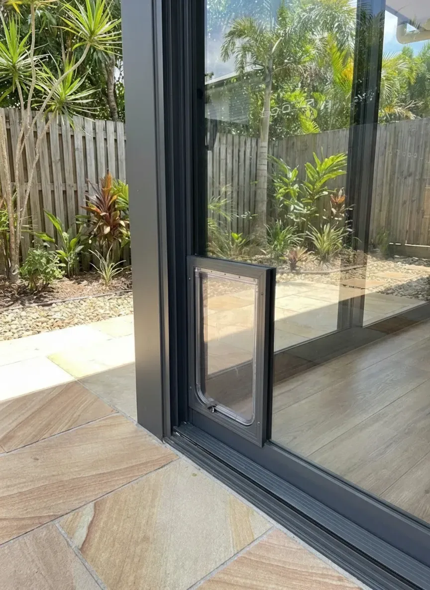 Glass integrated dog doors west end installed into glass sliding doors using toughened safety glass and lockable cover
