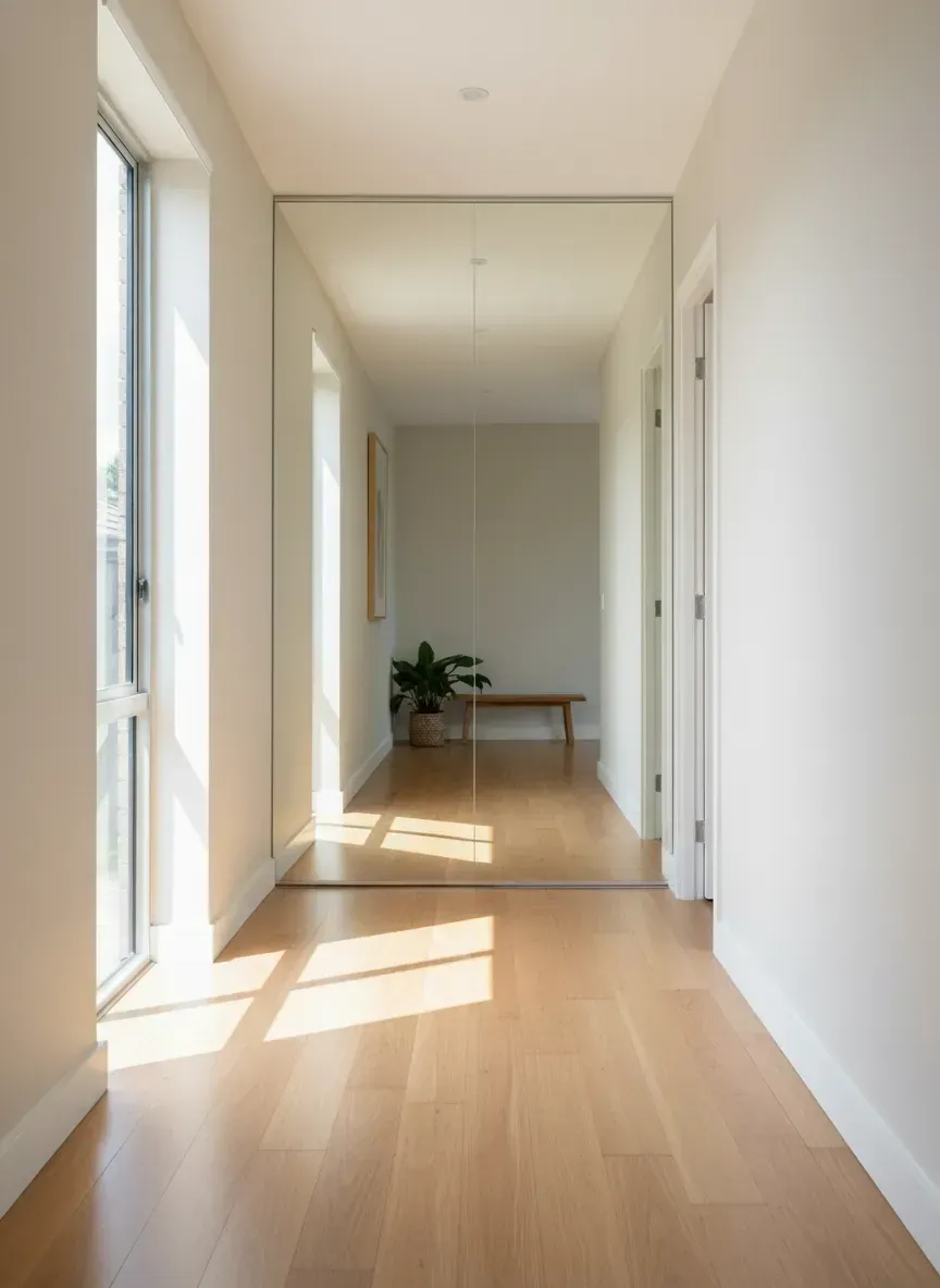west end hallway with full height wall mirror creating light and depth