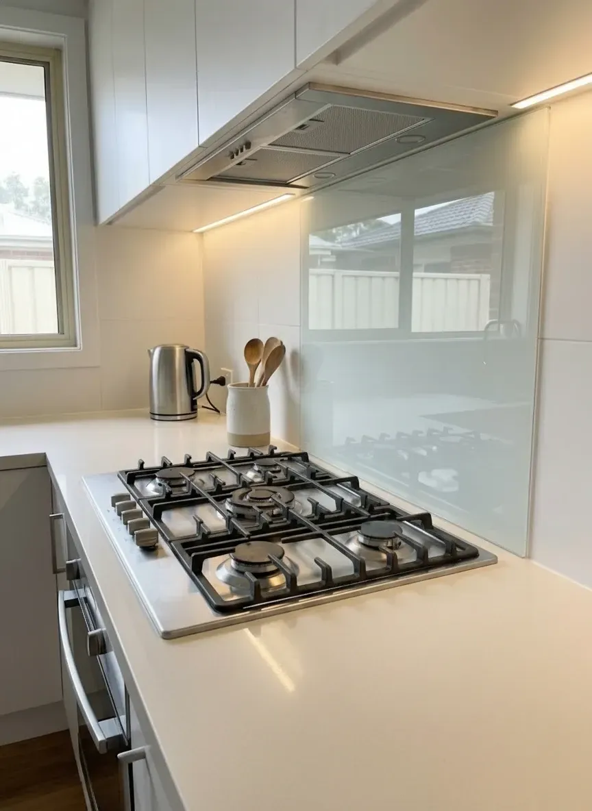 kitchen splashback glass panel in cooking area with wipe clean finish