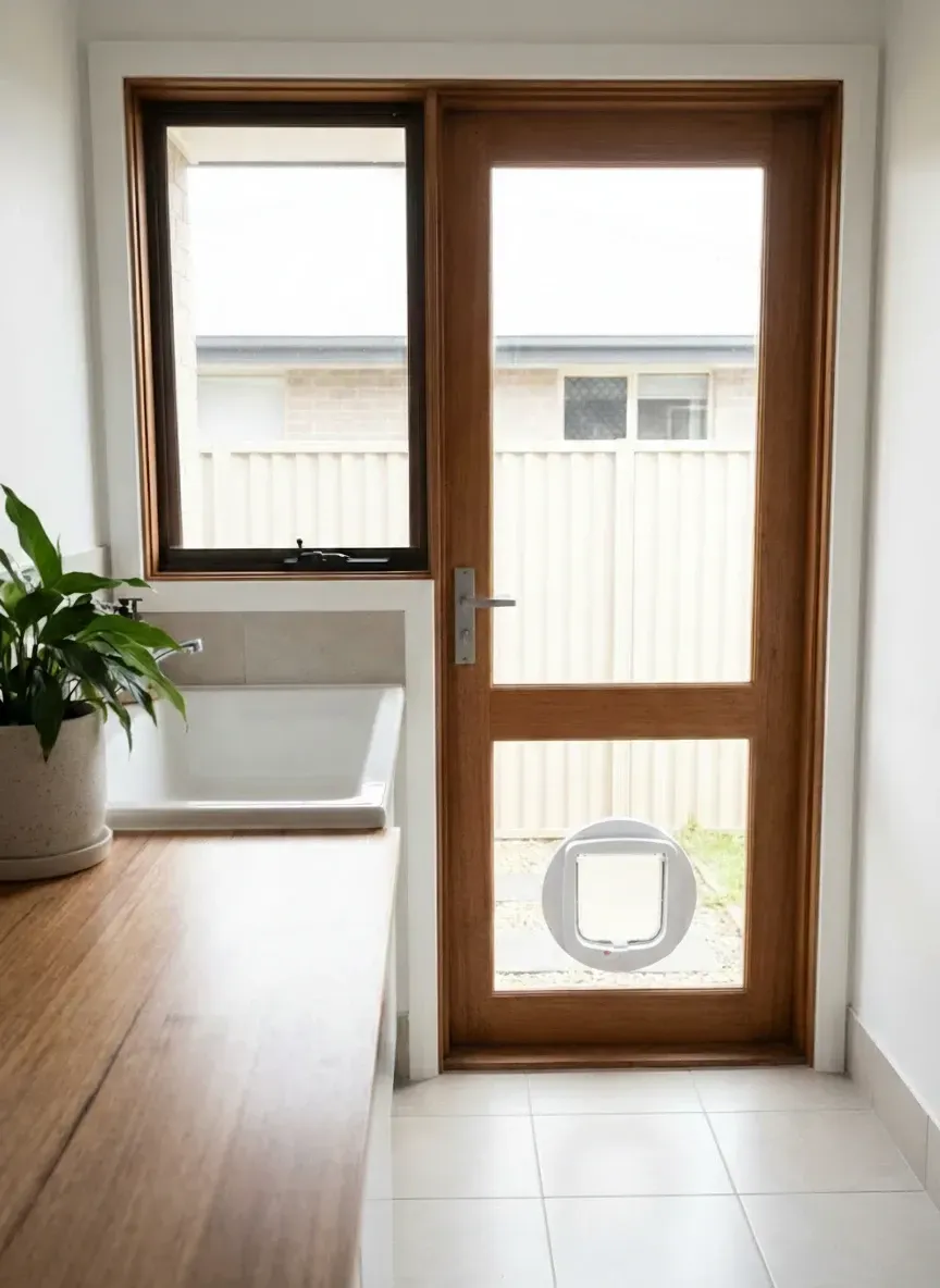 Pet doors west end correct procedure: new toughened glass panel made with pre-cut hole before installation into sliding door