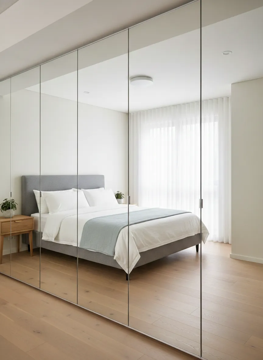 frameless mirror wardrobe doors creating seamless reflective wall in bedroom