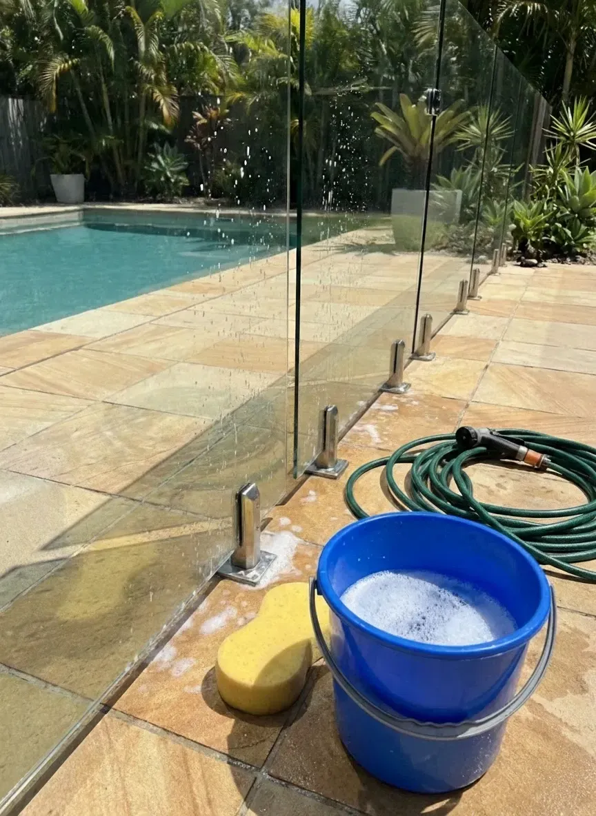How to clean glass pool fences west end with warm soapy water and microfibre cloth to remove salt and chlorine residue