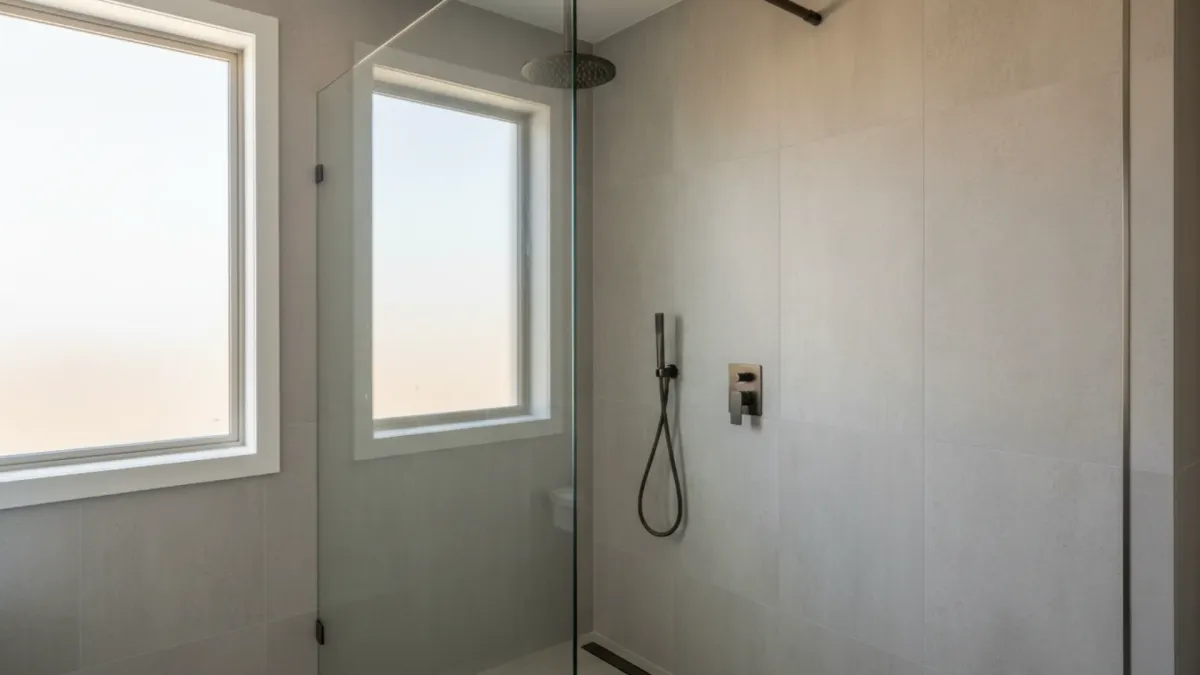 Custom shower screen panels cut to size west end including frameless toughened glass fitted to out-of-square bathroom walls.
