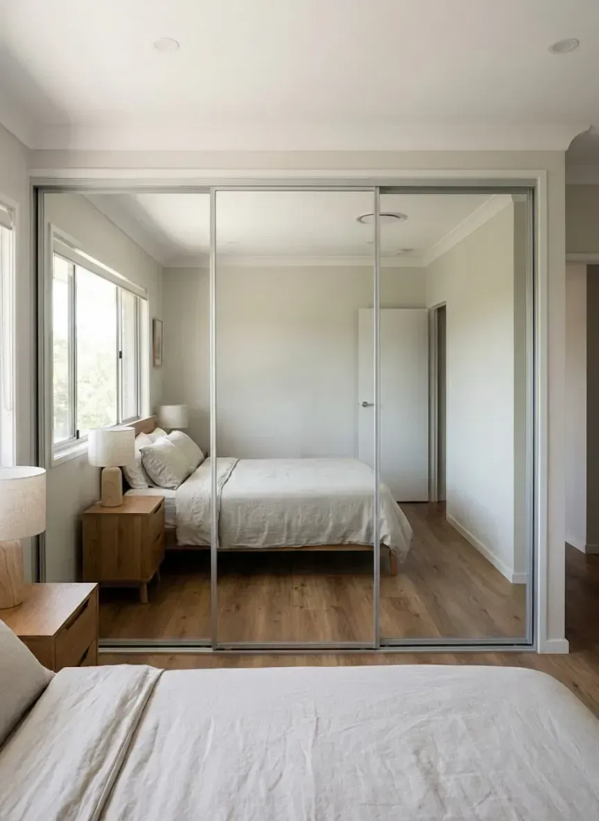 framed mirror wardrobe doors with aluminium frame in west end bedroom