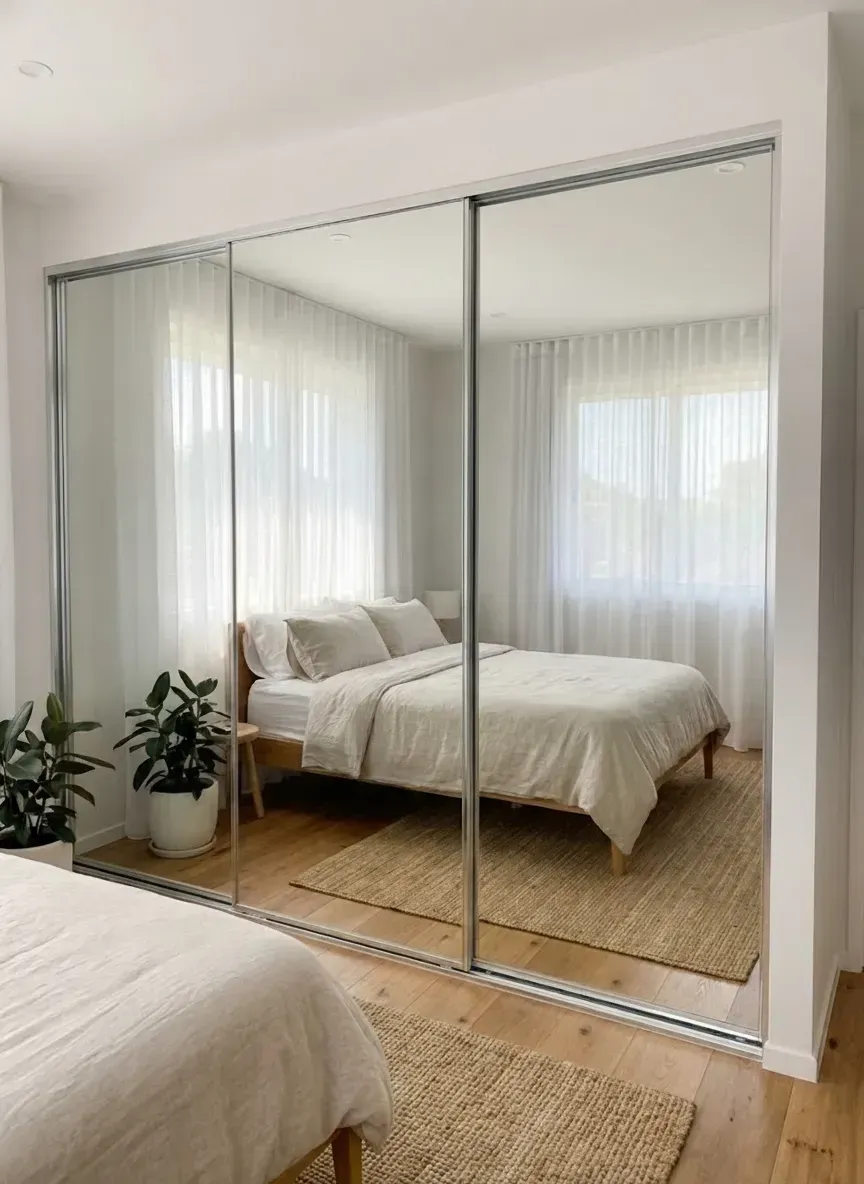 modern west end bedroom with frameless mirrored wardrobe doors