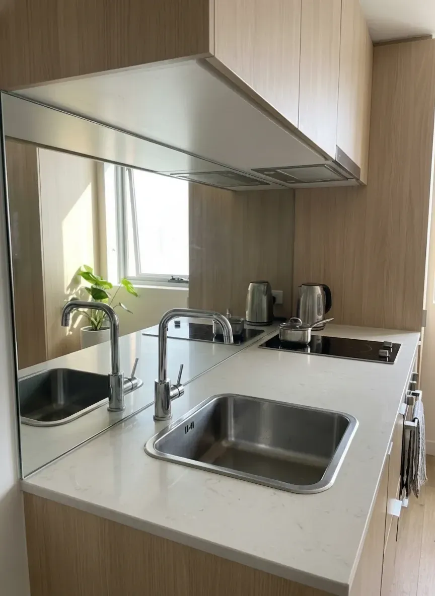 small apartment kitchen with mirror glass splashback reflecting light