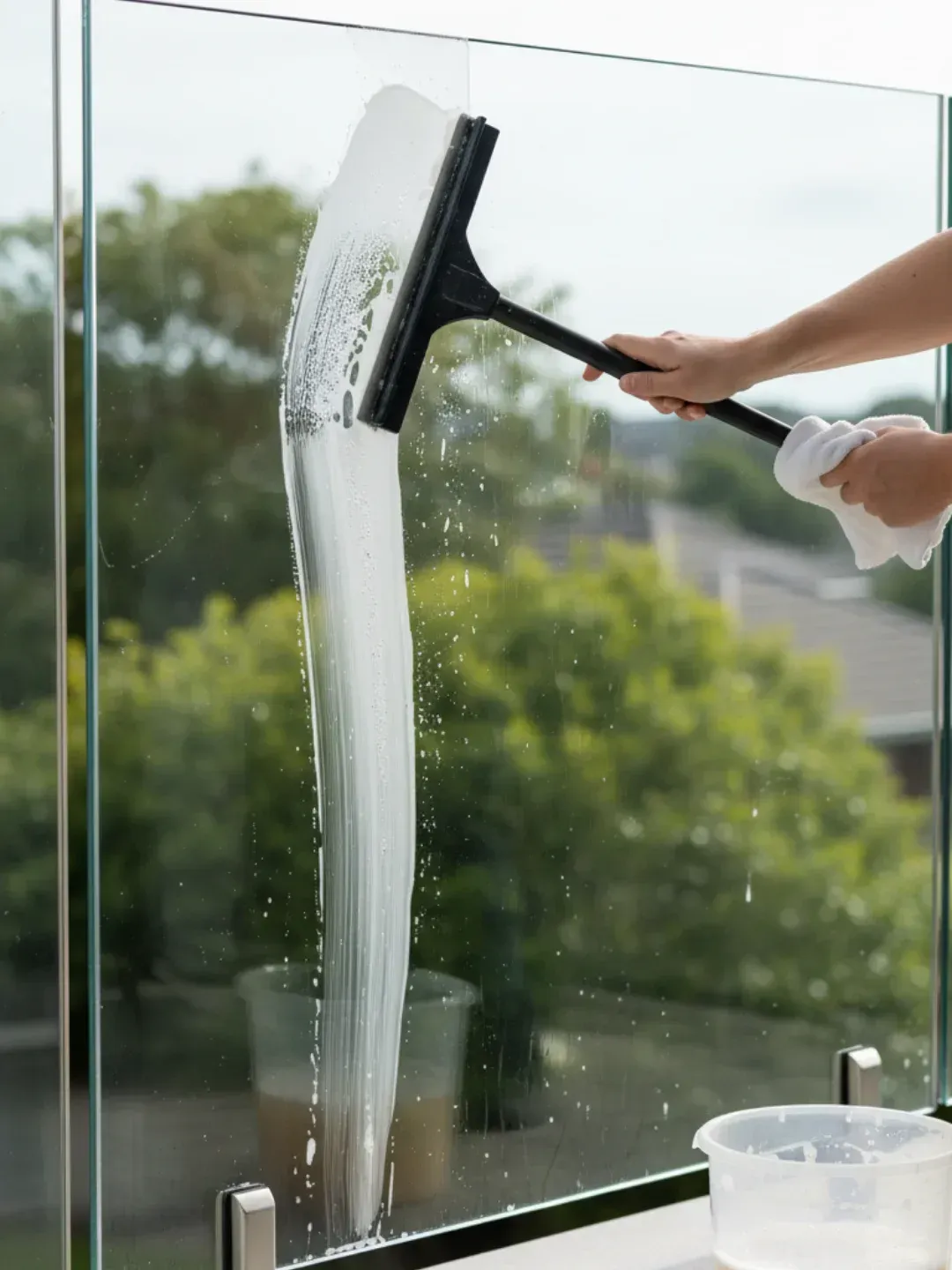 How to clean glass balustrades west end with microfibre cloth and squeegee, removing salt buildup for a long-lasting shine