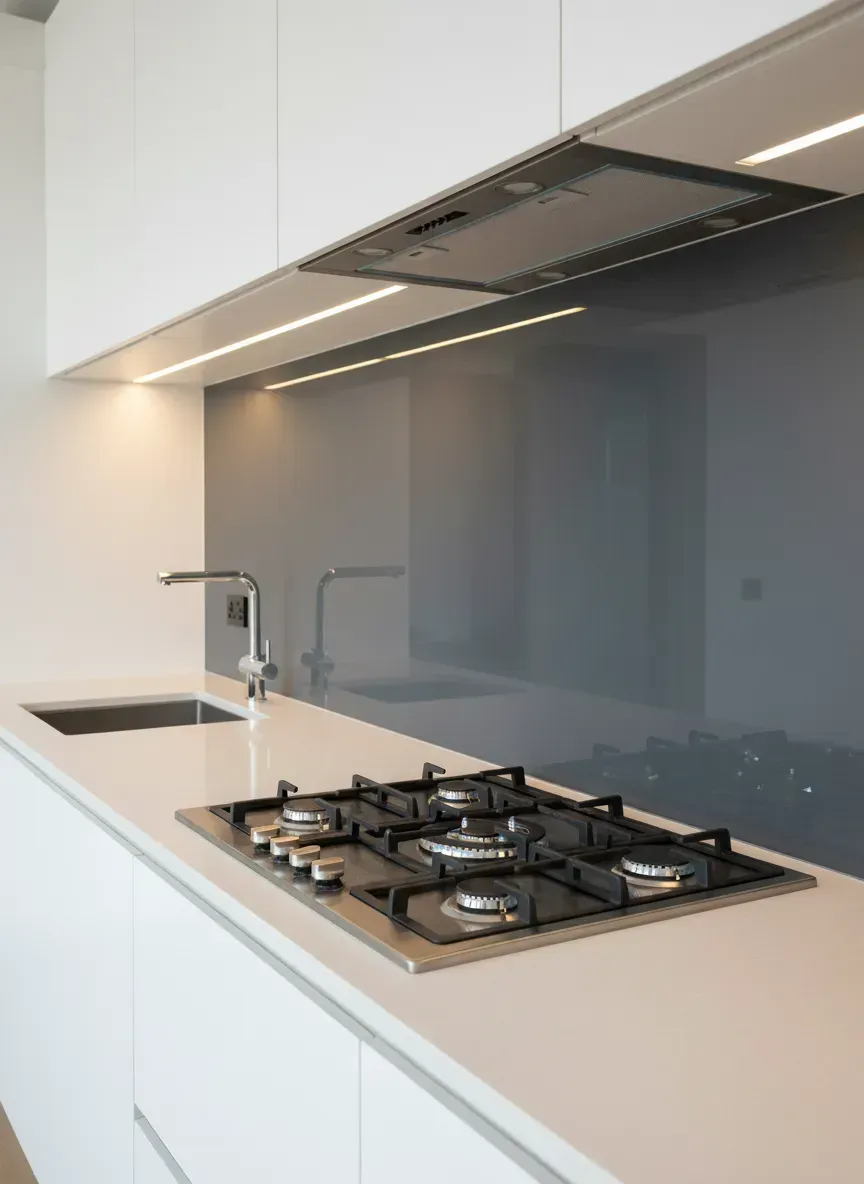 Modern kitchen glass splashback installation with clean premium finish in West End Brisbane
