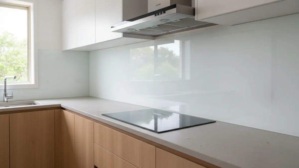 Kitchen glass splashbacks west end cut to size with precise cutouts for power points and heat-resistant toughened glass.