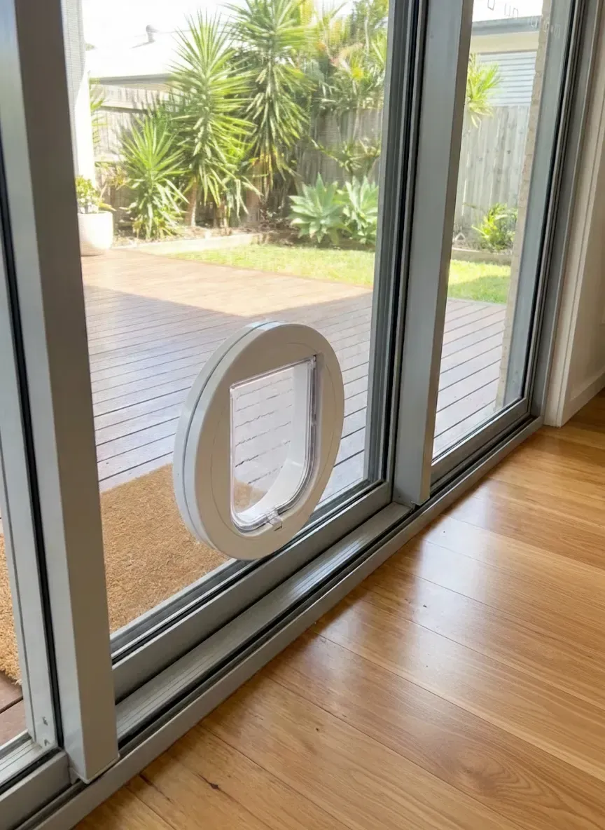 small cat flap installed into glass panel near back door in west end home