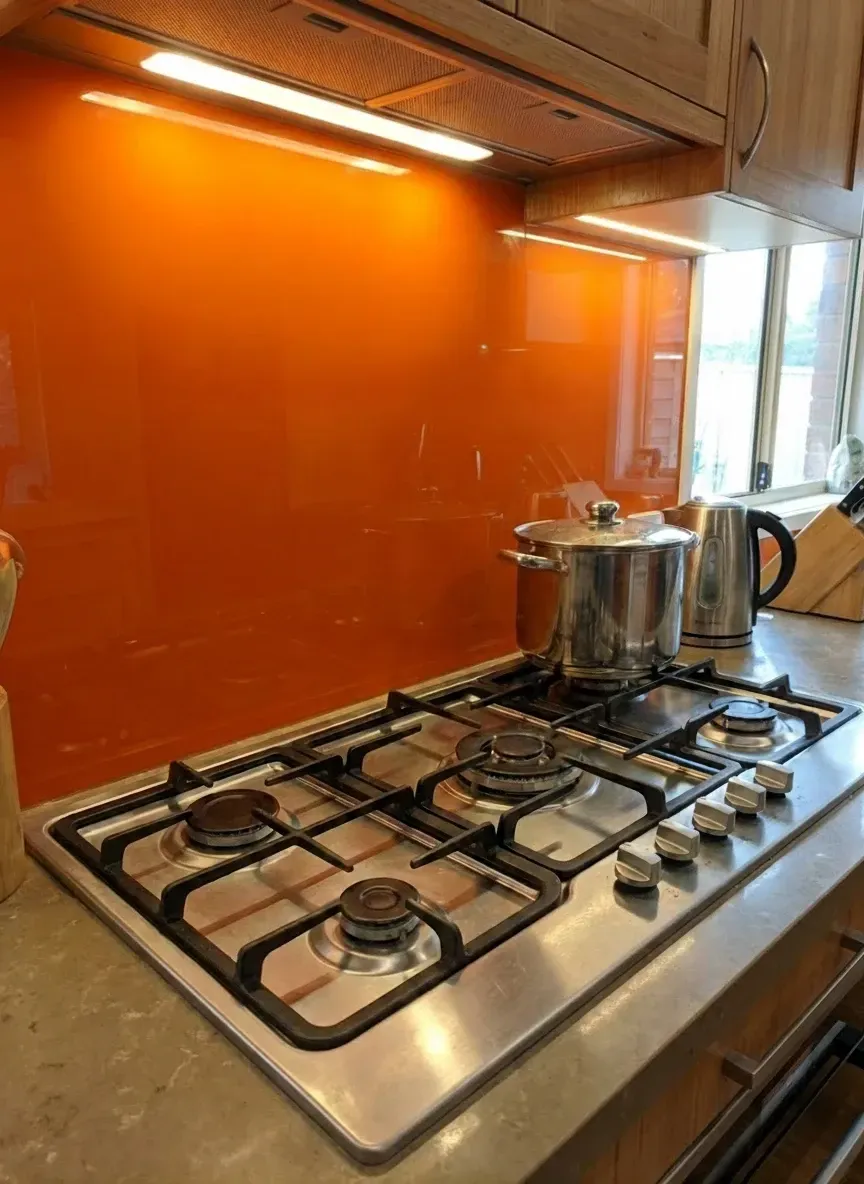 coloured glass splashback behind gas cooktop in west end home kitchen